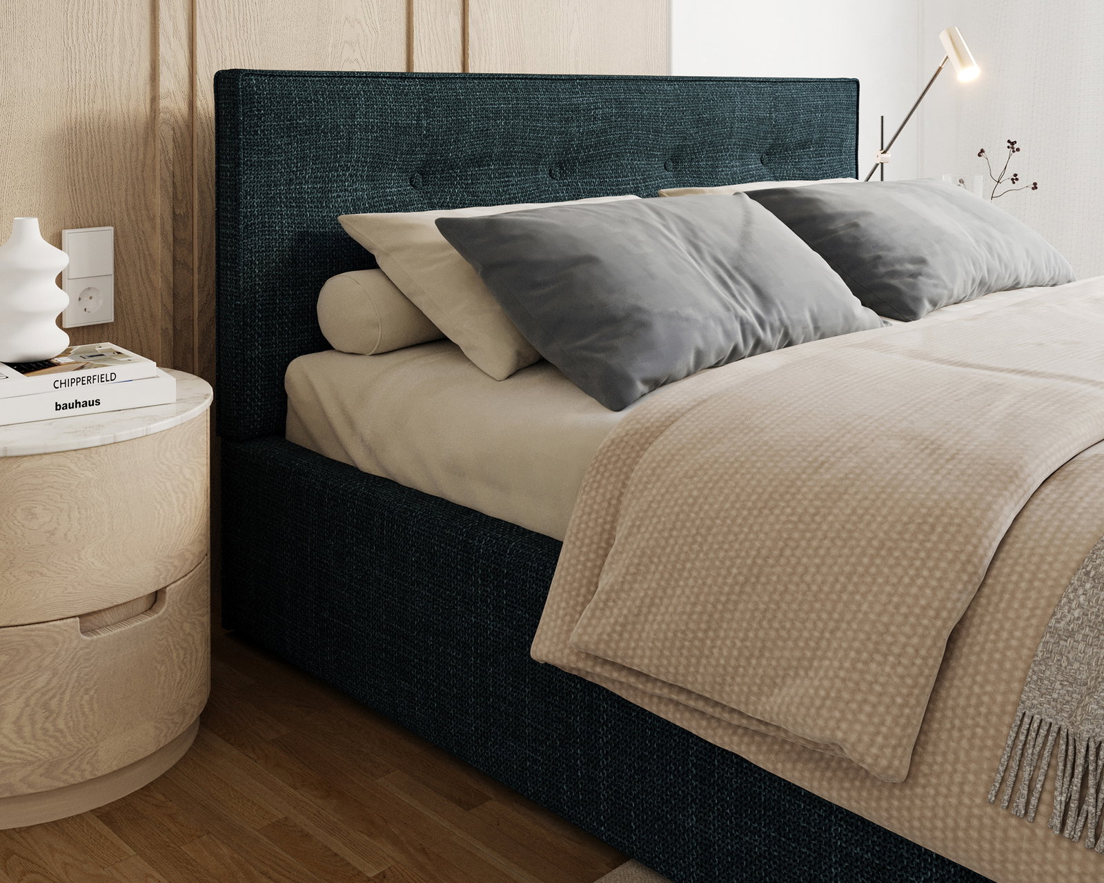 Čalúnená posteľ TULSA 90x200 so zdvižným roštom tmavo modrá