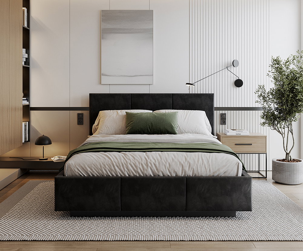 Čalúnená posteľ AVEIRO 90x200 s kovovým zdvižným roštom ČIERNÁ