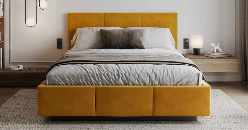 Čalouněná postel AVEIRO 90x200 s kovovým zdvižným roštem PARIS ŽLUTÁ