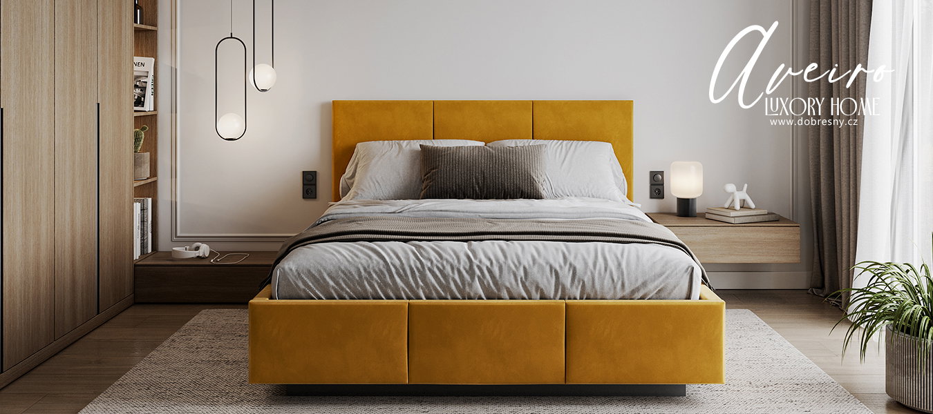 Čalúnená posteľ AVEIRO 120x200 s kovovým zdvižným roštom ŽLTÁ