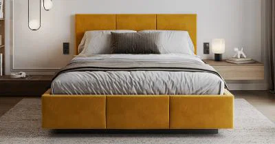 Čalouněná postel AVEIRO 160x200 s kovovým zdvižným roštem PARIS ŽLUTÁ