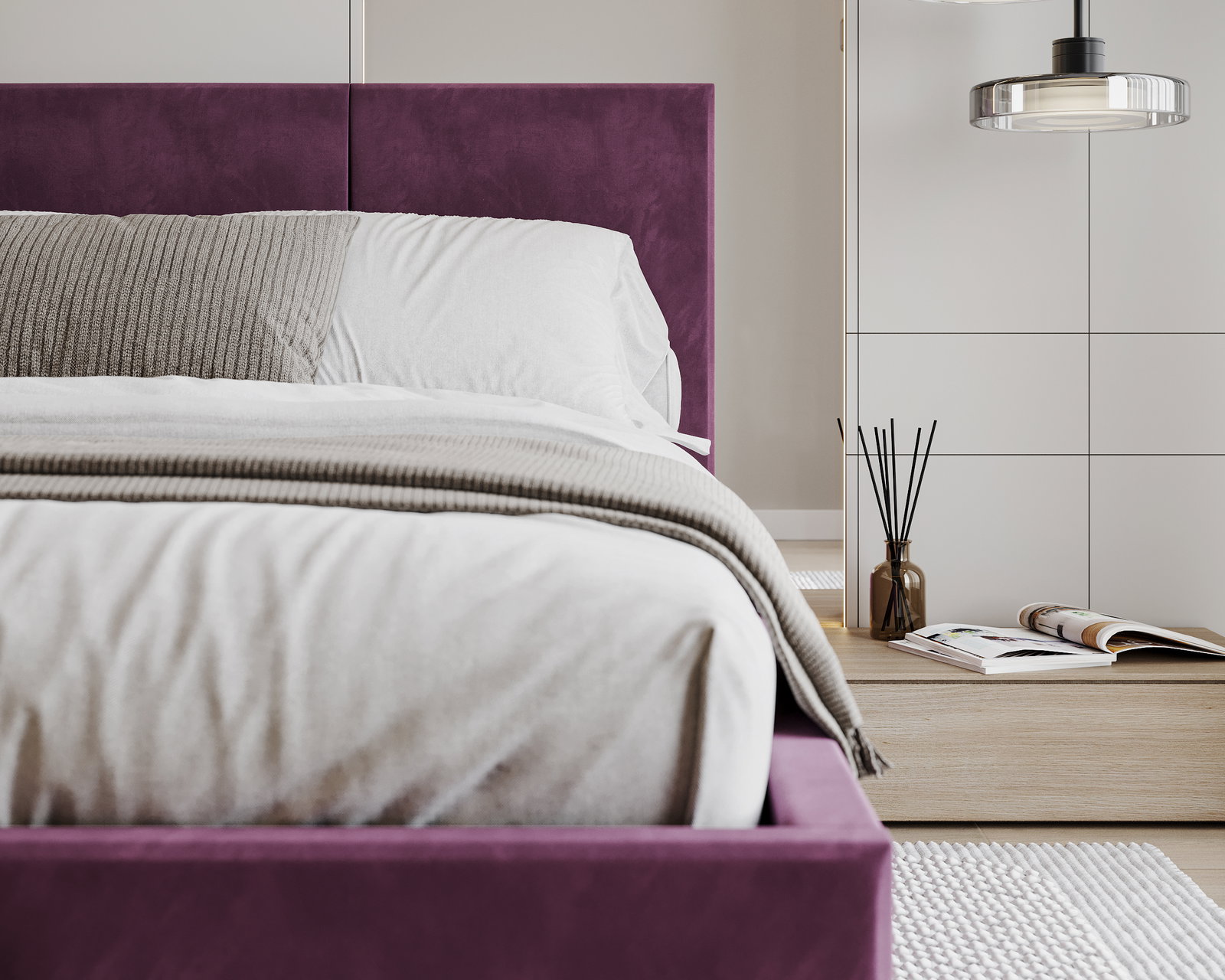 Čalúnená posteľ AVEIRO 140x200 s kovovým zdvižným roštom FIALOVÁ