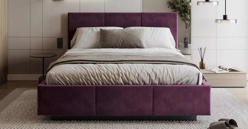 Čalouněná postel AVEIRO 160x200 s kovovým zdvižným roštem PARIS FIALOVÁ