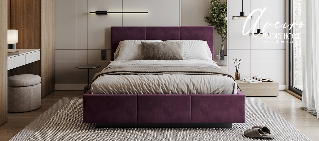 Čalúnená posteľ AVEIRO 180x200 s kovovým zdvižným roštom FIALOVÁ
