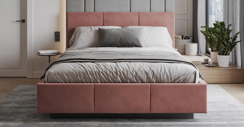 Čalouněná postel AVEIRO 140x200 s kovovým zdvižným roštem PARIS LOSOSOVÁ