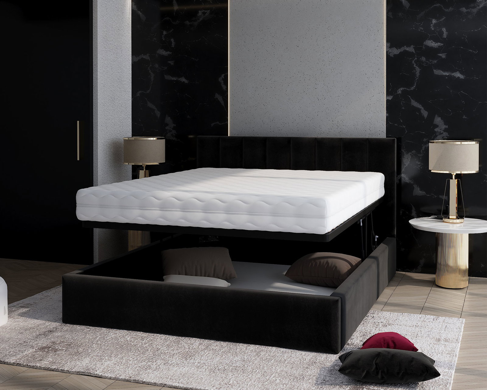 Čalúnená posteľ JUSTIN 90x200 Čierná Trinity s úložným priestorom kovový rošt