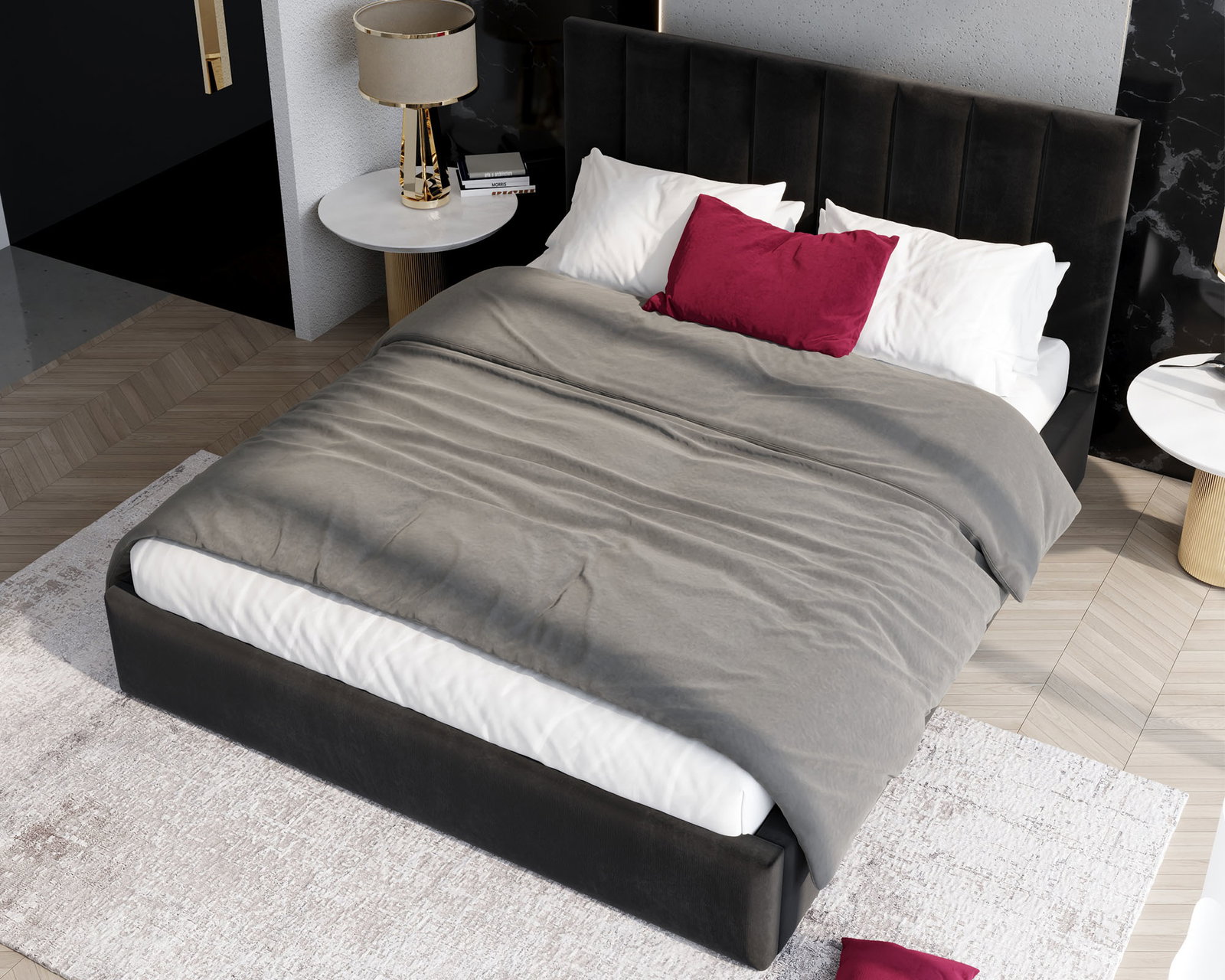 Čalúnená posteľ JUSTIN 140x200 Čierná Trinity s úložným priestorom kovový rošt