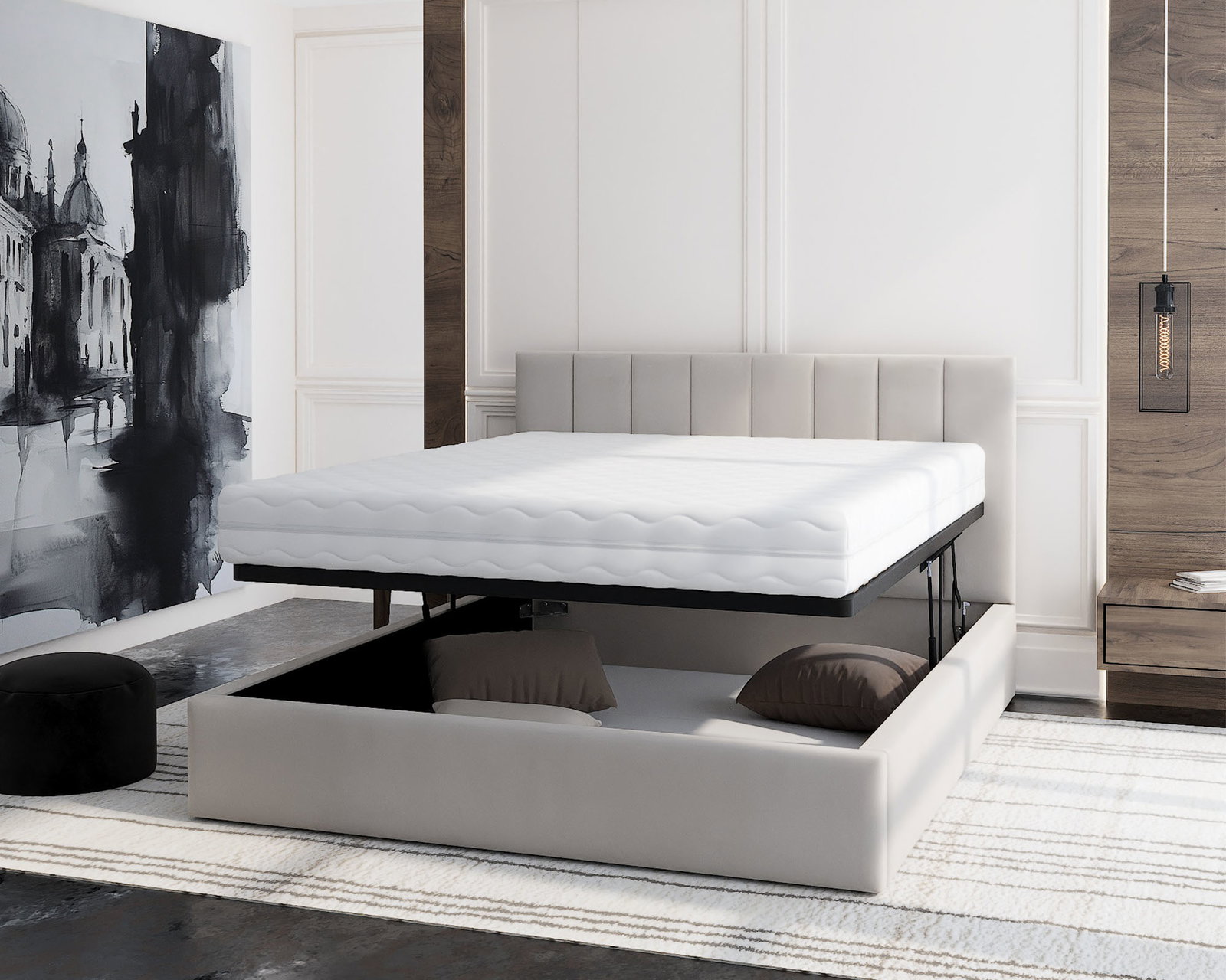 Čalúnená posteľ JUSTIN 180x200 Krémová Trinity s úložným priestorom kovový rošt