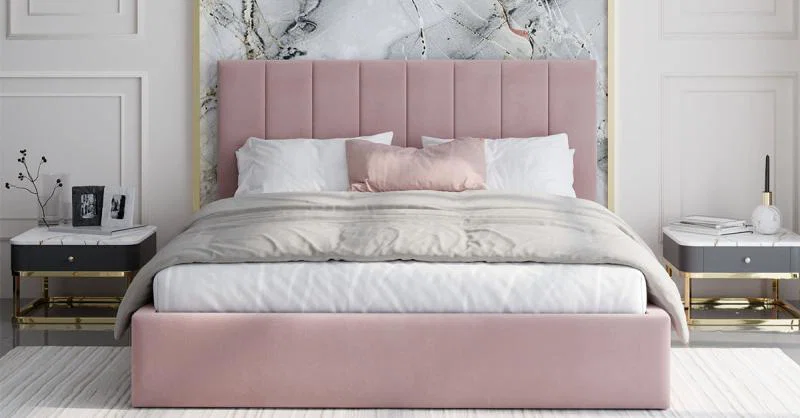 Čalouněná postel JUSTIN 140x200 Růžová Trinity s úložným prostorem kovový rošt