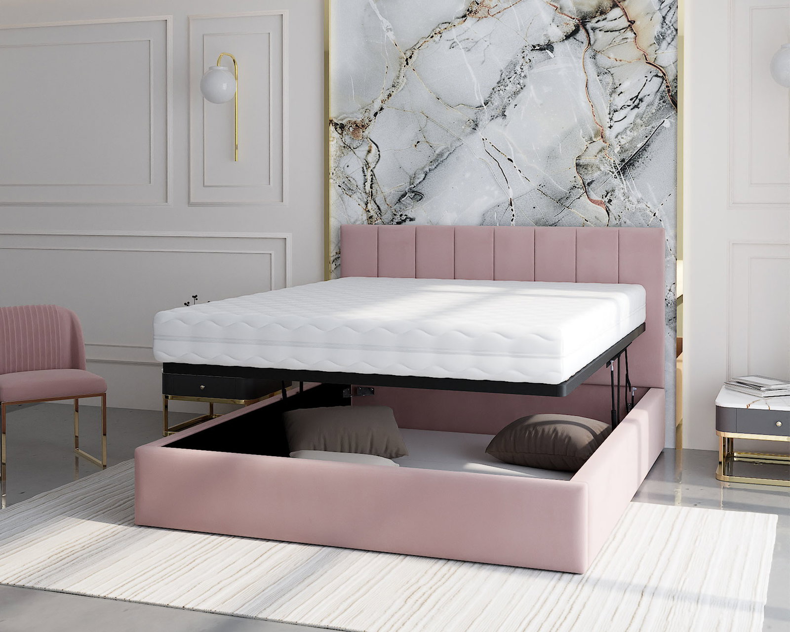 Čalúnená posteľ JUSTIN 180x200 Ružová Trinity s úložným priestorom kovový rošt