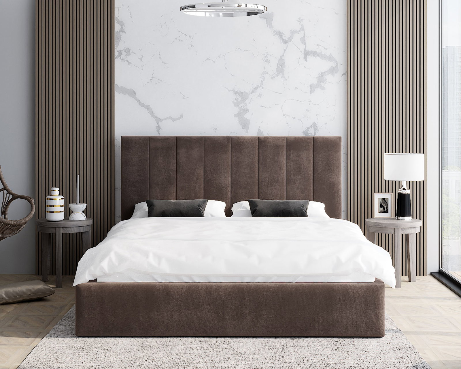 Čalúnená posteľ JUSTIN 120x200 Hnedá Trinity s úložným priestorom kovový rošt