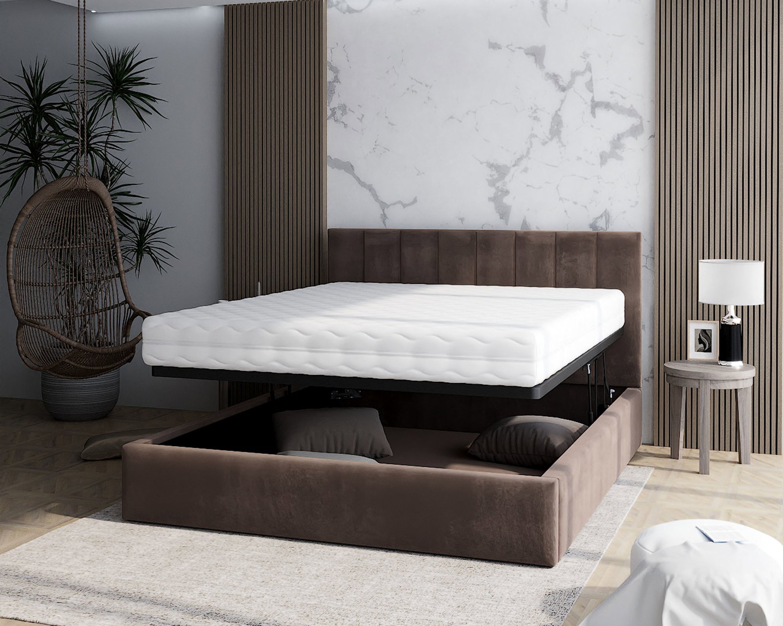 Čalúnená posteľ JUSTIN 120x200 Hnedá Trinity s úložným priestorom kovový rošt