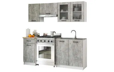 Kuchyňská sestava OLIVIA s vitrínou – 1,8 m | Beton / Dub Sonoma