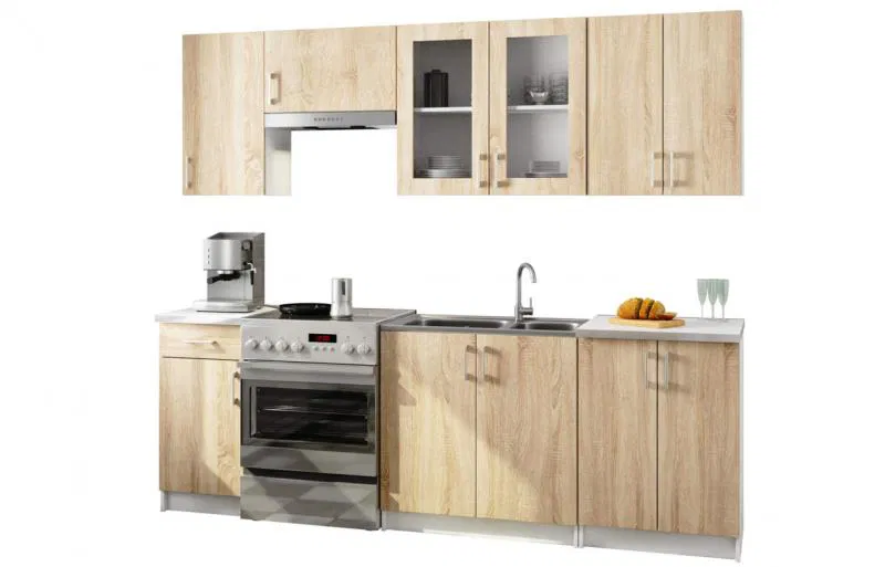 Kuchyňská linka LIMA 2,4m s vitrínou 720cm Dub Sonoma / Bílá