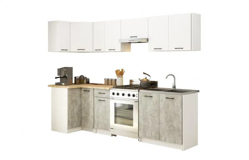Kuchyňská rohová sestava OLIVIA – 3 m | Bílá / Beton / Dub Sonoma