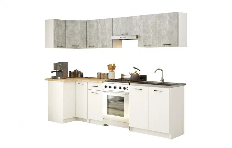 Kuchyňská rohová sestava OLIVIA – 3 m | Beton / Bílá / Dub Sonoma