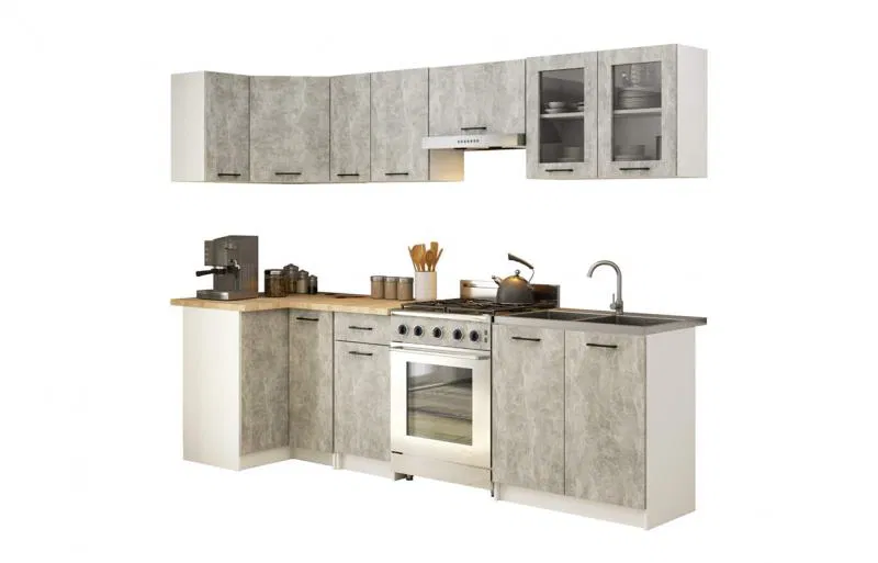 Kuchyňská rohová sestava s vitrínou OLIVIA – 3 m | Beton / Dub Sonoma