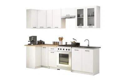 Kuchyňská rohová sestava s vitrínou OLIVIA – 3 m | Bílá / Dub Sonoma H720