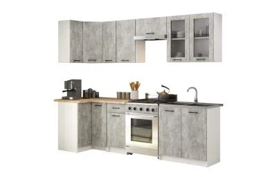 Kuchyňská rohová sestava s vitrínou OLIVIA – 3 m | Beton / Dub Sonoma H720