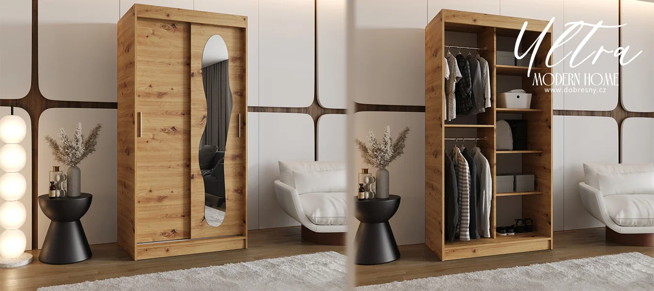 Šatní skřín s posuvnými dveřmi a zrcadlem ULTRA 100cm artisan