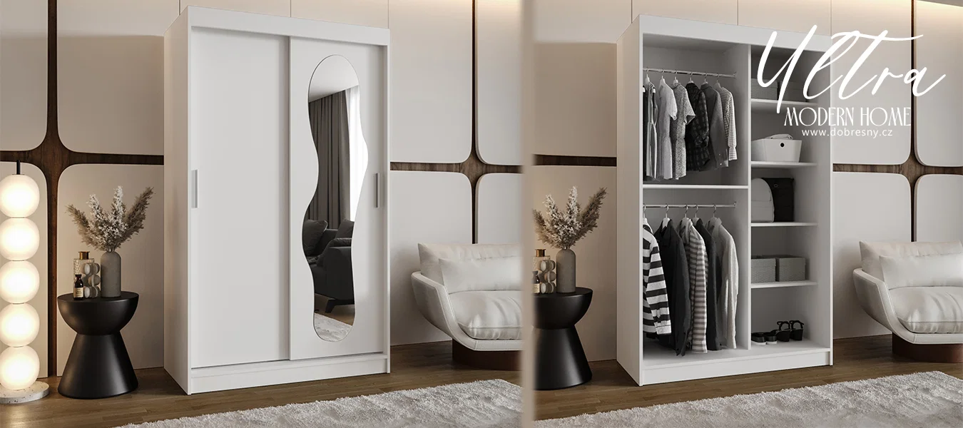 Šatní skřín s posuvnými dveřmi a zrcadlem ULTRA 120cm bílá