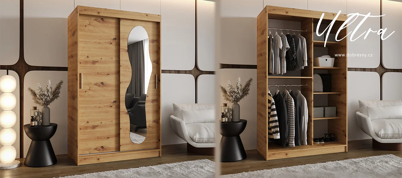 Šatní skřín s posuvnými dveřmi a zrcadlem ULTRA 120cm artisan