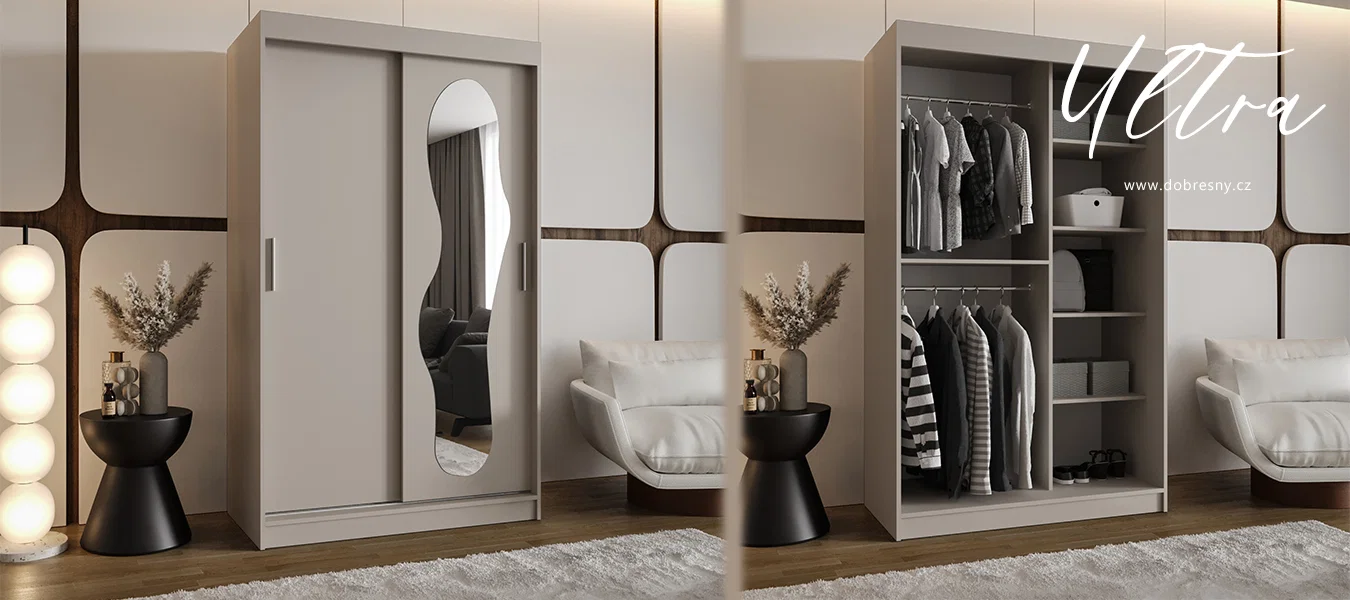 Šatní skřín s posuvnými dveřmi a zrcadlem ULTRA 120cm kašmírová