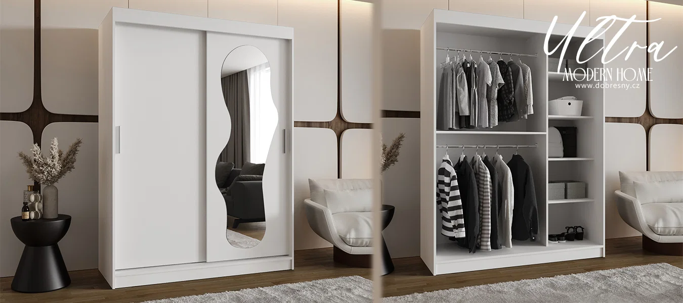 Šatní skřín s posuvnými dveřmi a zrcadlem ULTRA 150cm bílá
