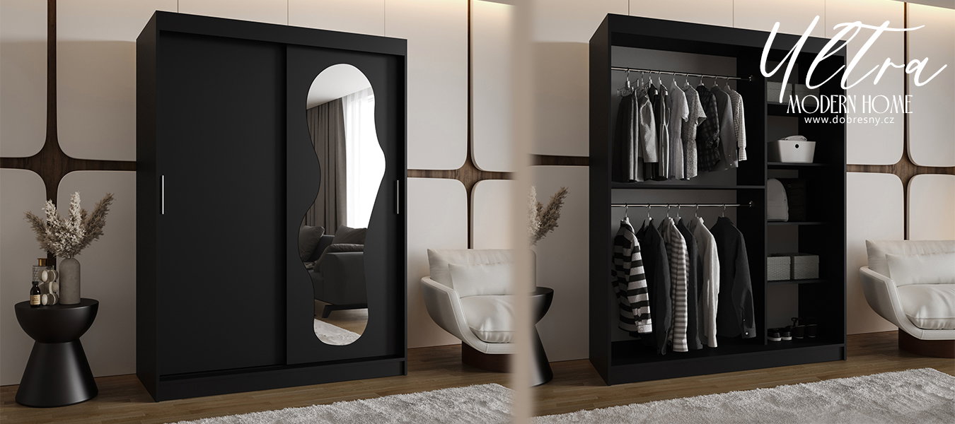 Šatníková skriňa s posuvnými dverami a zrkadlom ULTRA 150cm čierná