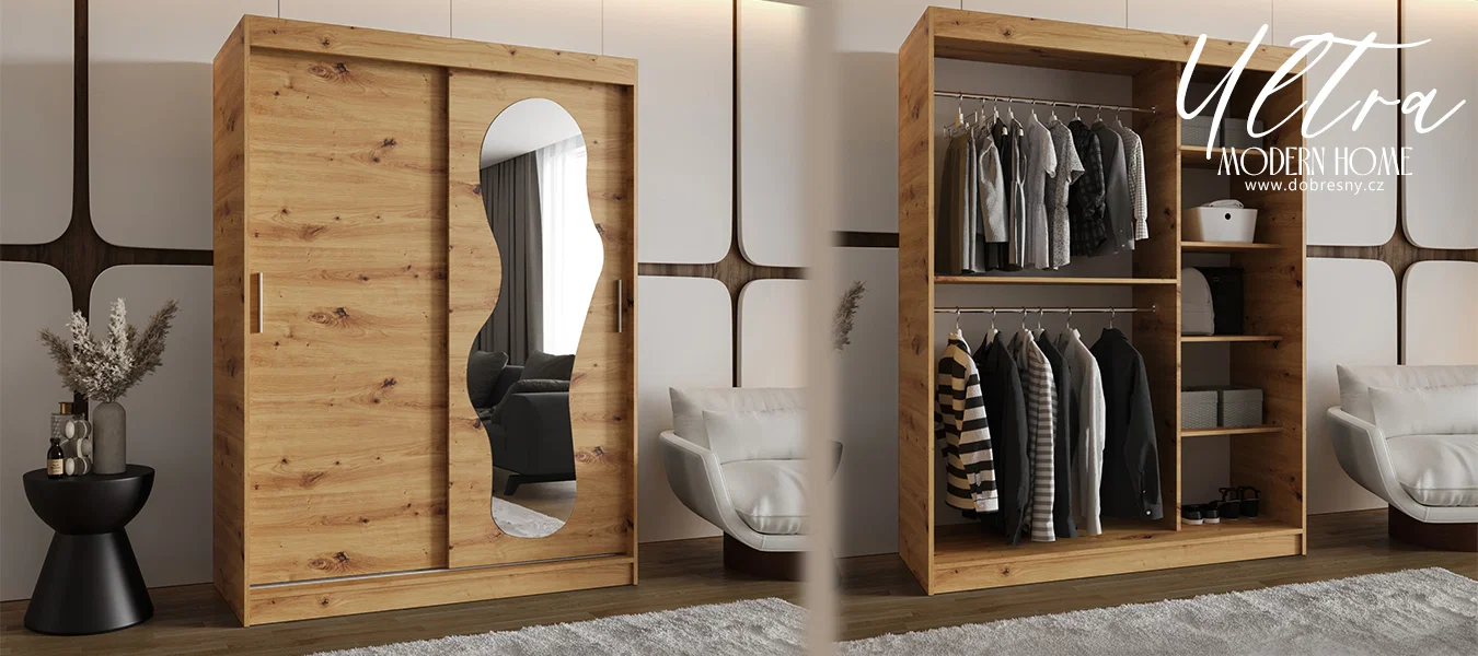 Šatní skřín s posuvnými dveřmi a zrcadlem ULTRA 150cm artisan