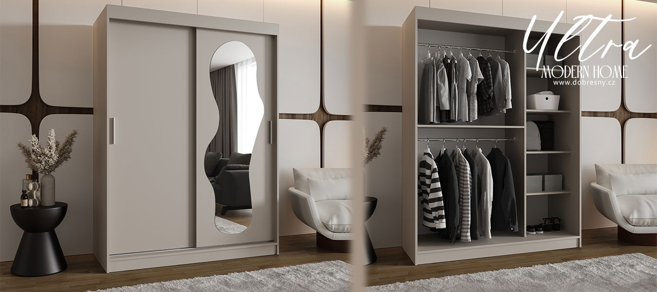 Šatníková skriňa s posuvnými dverami a zrkadlom ULTRA 150cm kašmírová