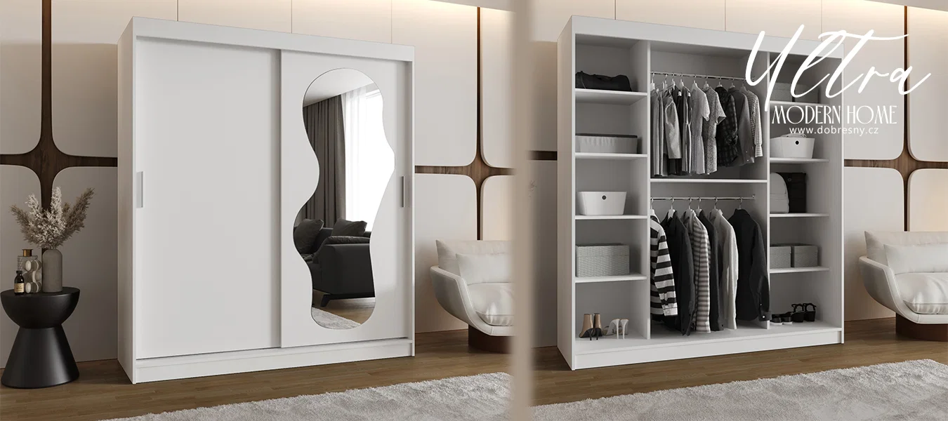 Šatní skřín s posuvnými dveřmi a zrcadlem ULTRA 180cm bílá