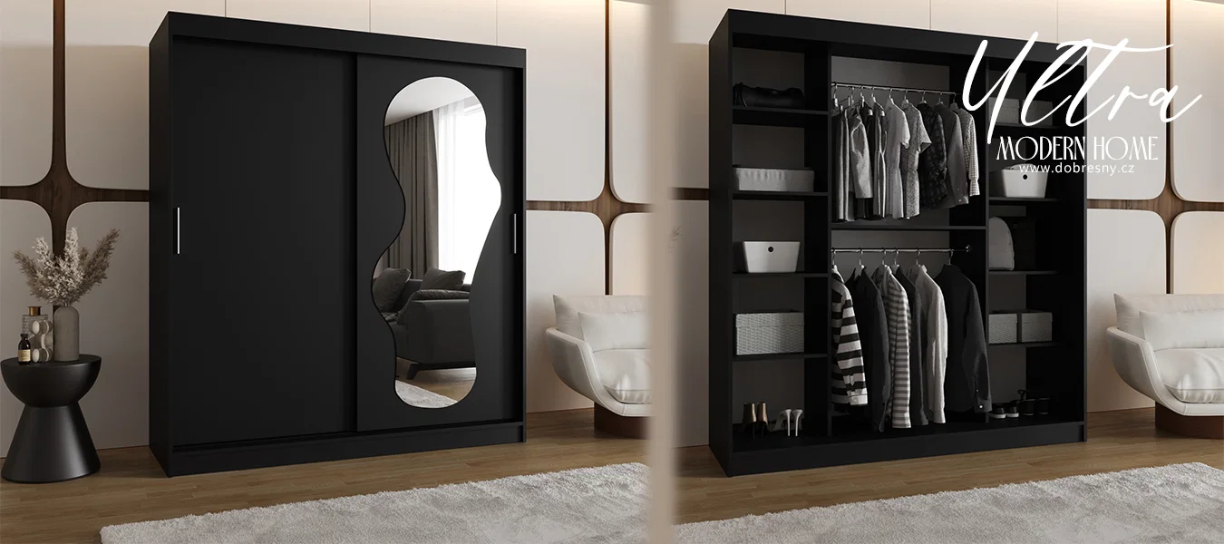 Šatní skřín s posuvnými dveřmi a zrcadlem ULTRA 180cm černá