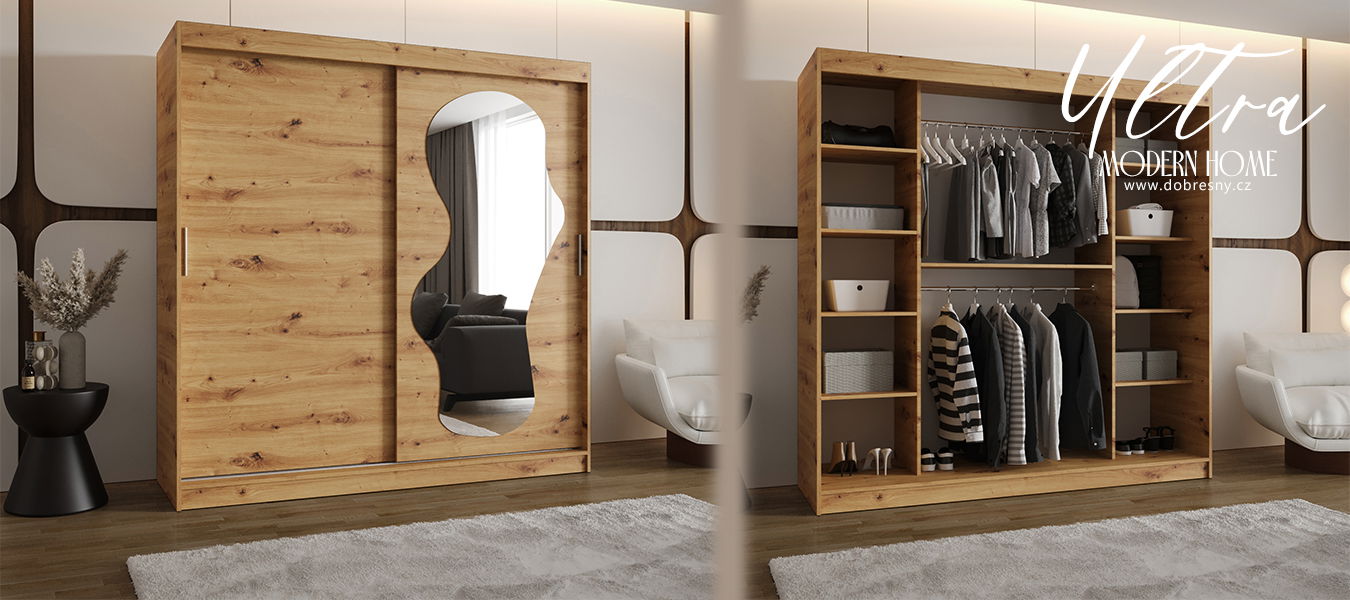 Šatníková skriňa s posuvnými dverami a zrkadlom ULTRA 200cm artisan
