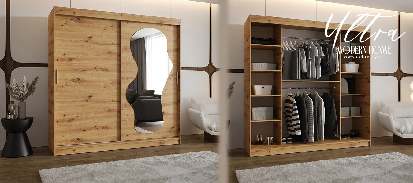 Šatní skřín s posuvnými dveřmi a zrcadlem ULTRA 200cm artisan