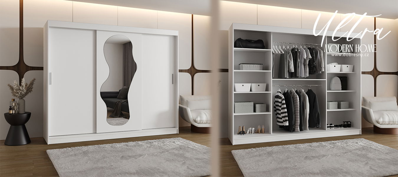 Šatníková skriňa s posuvnými dverami a zrkadlom ULTRA 250cm biela