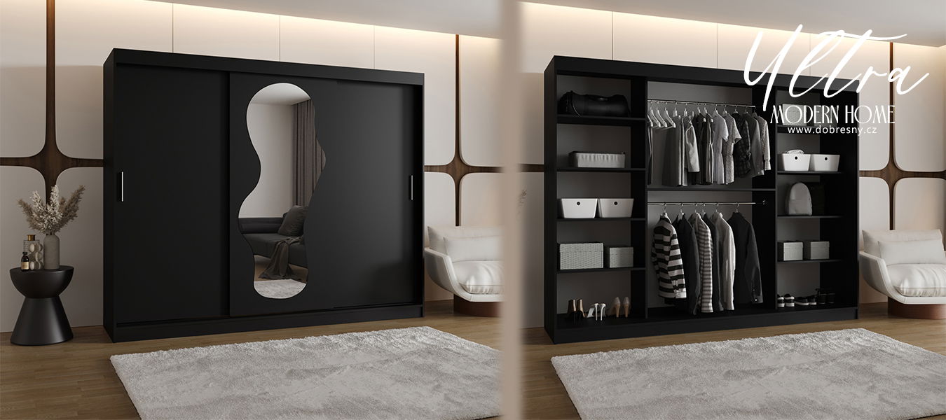 Šatníková skriňa s posuvnými dverami a zrkadlom ULTRA 250cm čierná