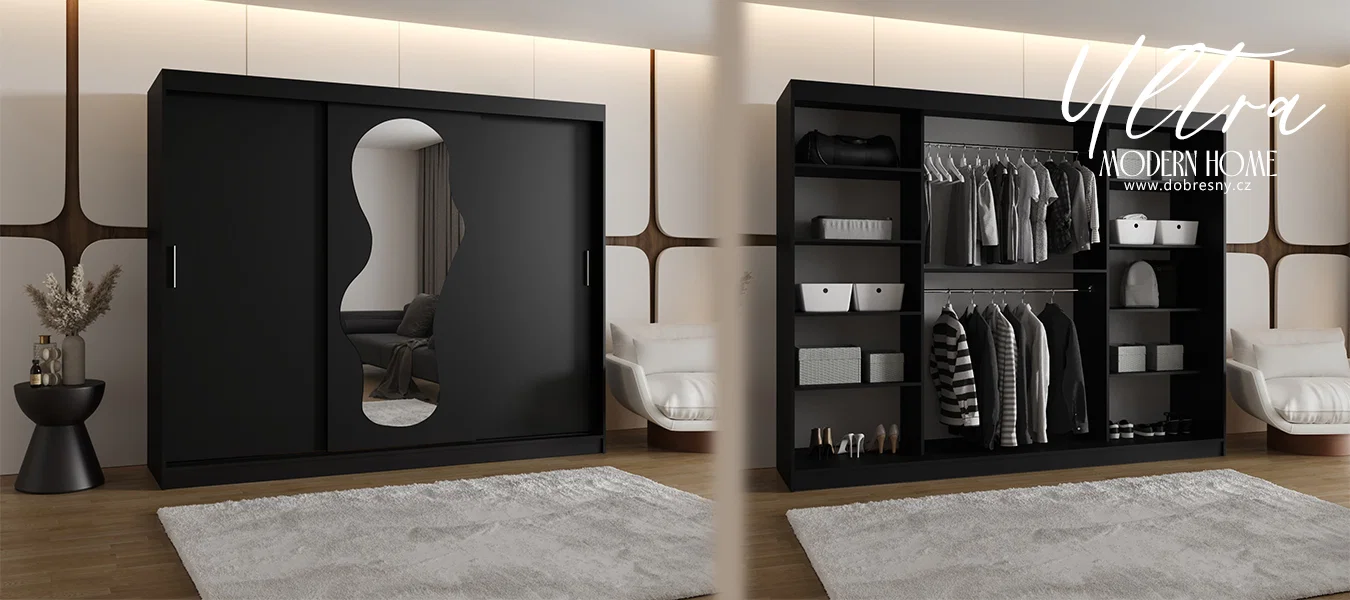 Šatní skřín s posuvnými dveřmi a zrcadlem ULTRA 250cm černá