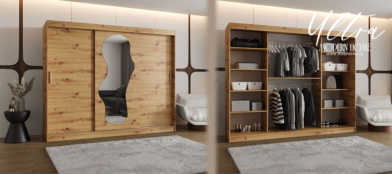 Šatníková skriňa s posuvnými dverami a zrkadlom ULTRA 250cm artisan