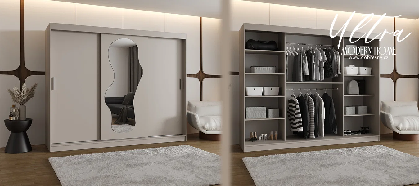 Šatní skřín s posuvnými dveřmi a zrcadlem ULTRA 250cm kašmírová