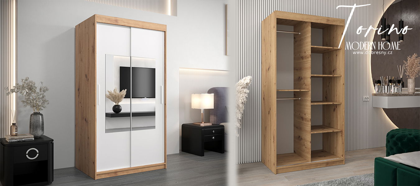 Šatníková skriňa s posuvnými dverami a zrkadlom TORINO 100cm artisan / biela