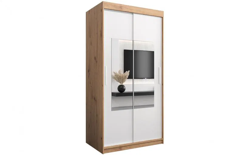 Šatní skřín s posuvnými dveřmi a zrcadlem TORINO 100cm artisan / bílá