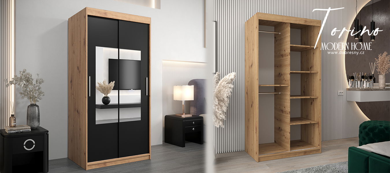 Šatníková skriňa s posuvnými dverami a zrkadlom TORINO 100cm artisan / čierná