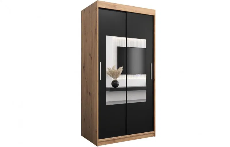Šatní skřín s posuvnými dveřmi a zrcadlem TORINO 100cm artisan / černá