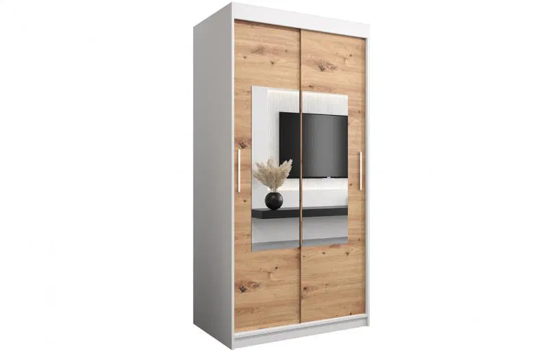 Šatní skřín s posuvnými dveřmi a zrcadlem TORINO 100cm bílá / artisan