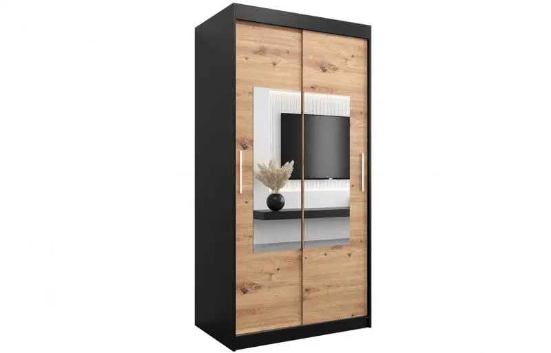 Šatní skřín s posuvnými dveřmi a zrcadlem TORINO 100cm černá / artisan
