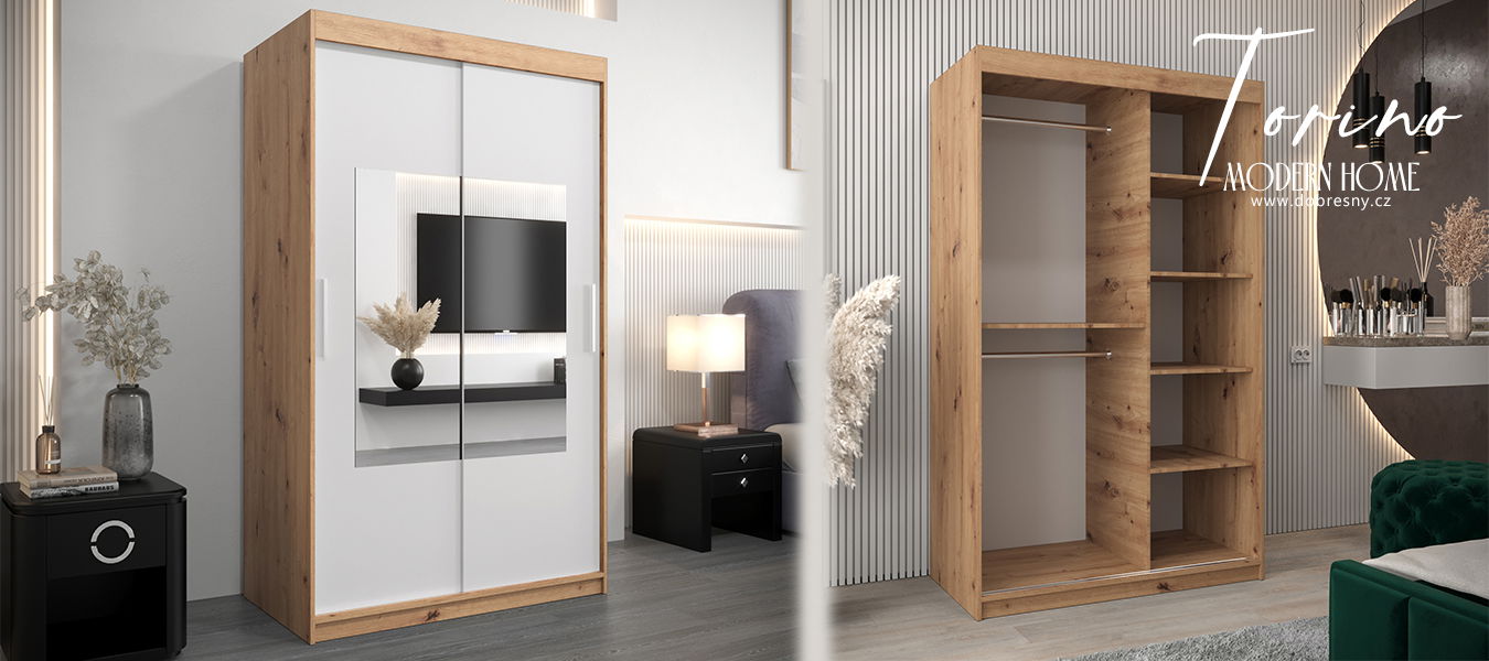 Šatníková skriňa s posuvnými dverami a zrkadlom TORINO 120cm artisan / biela
