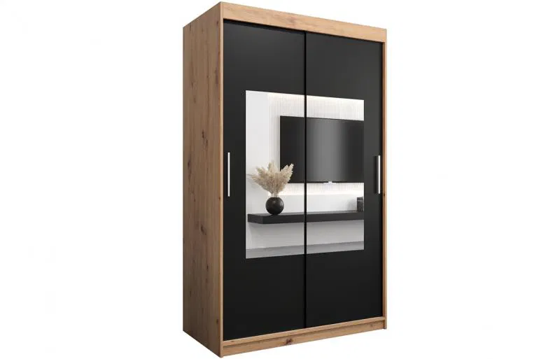 Šatní skřín s posuvnými dveřmi a zrcadlem TORINO 120cm artisan / černá