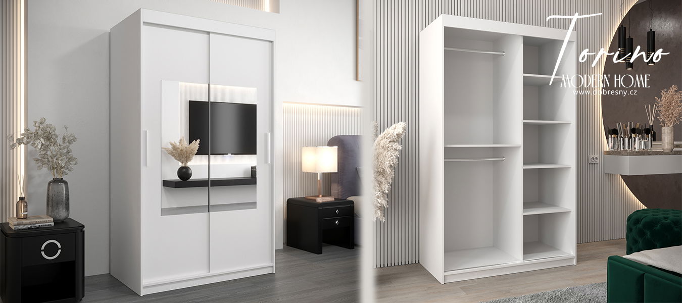 Šatníková skriňa s posuvnými dverami a zrkadlom TORINO 120cm biela