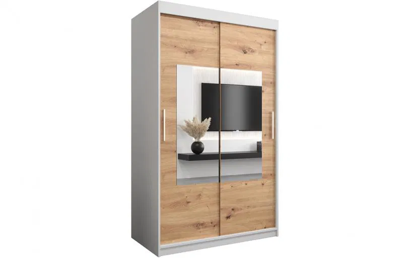 Šatní skřín s posuvnými dveřmi a zrcadlem TORINO 120cm bílá / artisan